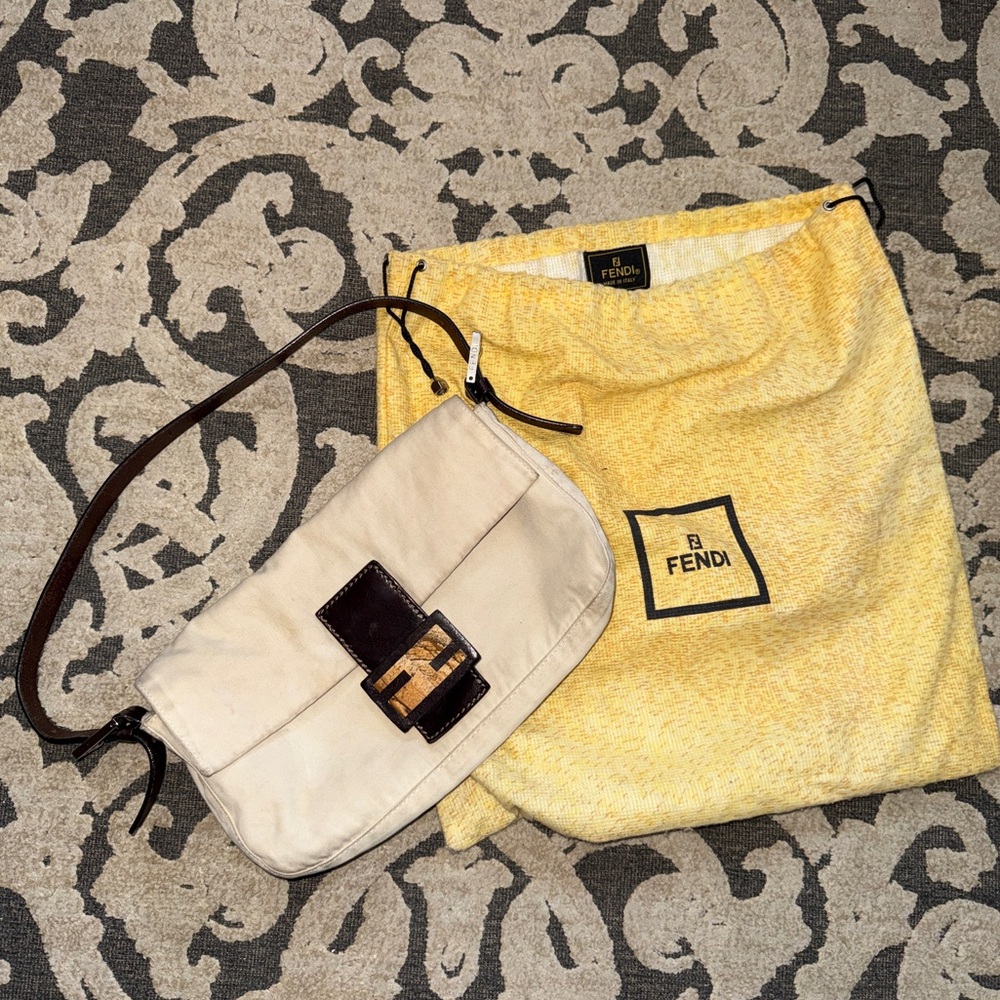 Authentic Fendi Baguette shoulder bag cream canvas wood FF buckle leather straps